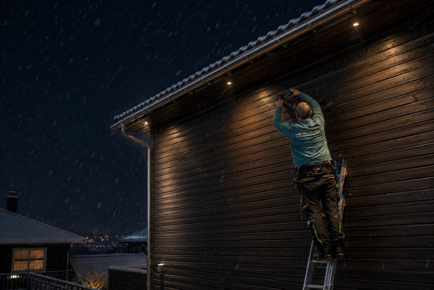 Montering i snøvær om kvelden