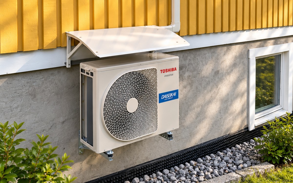 Utedel på gul trevegg med takbeskyttelse